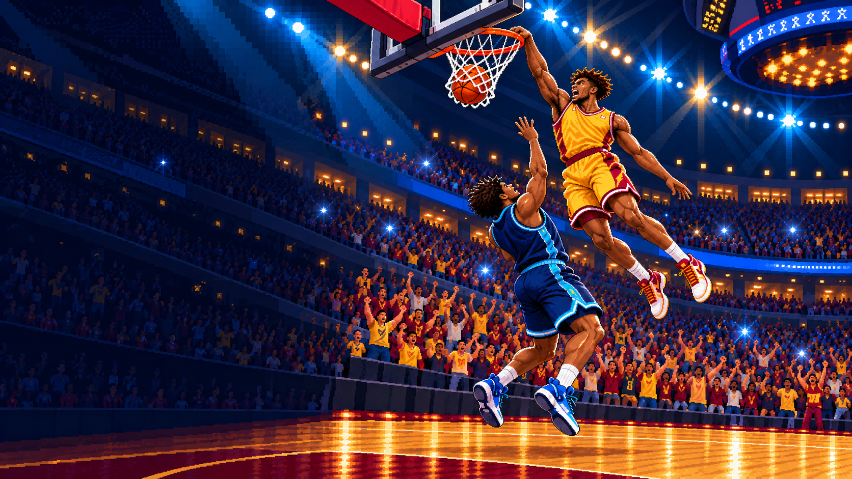 Sideline State artwork: a basketball player rises for a dunk in a packed, brightly lit arena.